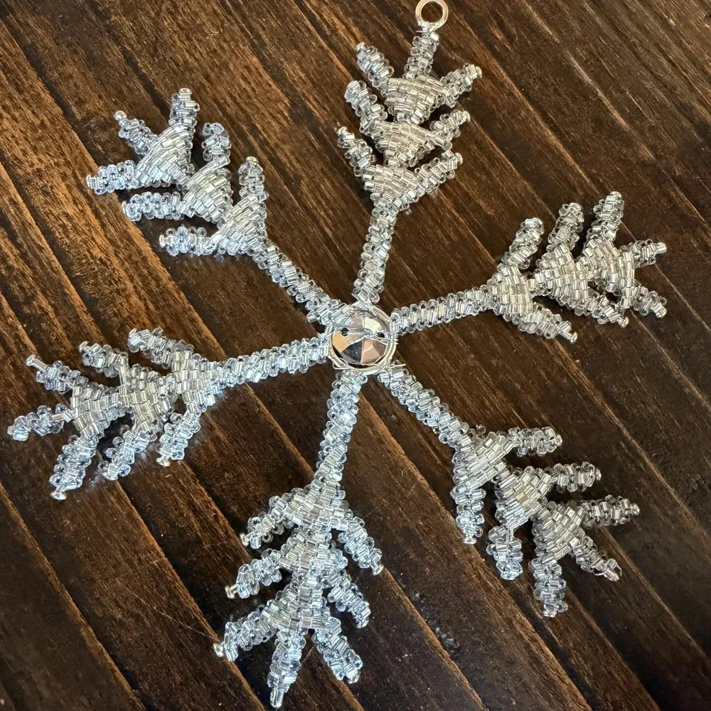 Silver Beaded Snowflake Bauble Ornament Glass Wire Rhinestone Christmas Decor